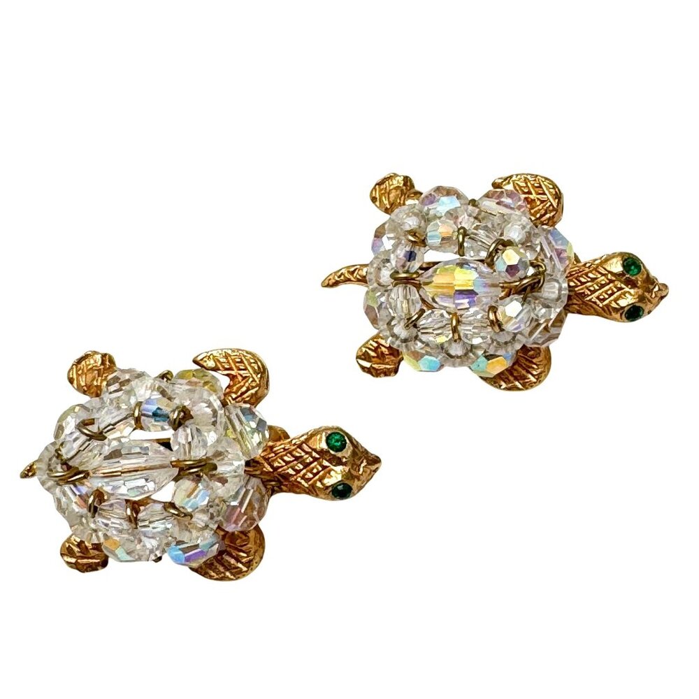 Turtle 50s Clip-On Earrings Gold Tone Green Clear Rhinestone Vintage Design